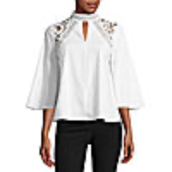 Worthington Tops - Worthington Chocker 3/4 Sleeve White lace cotton Mock Neck  Shirt Petite M PM